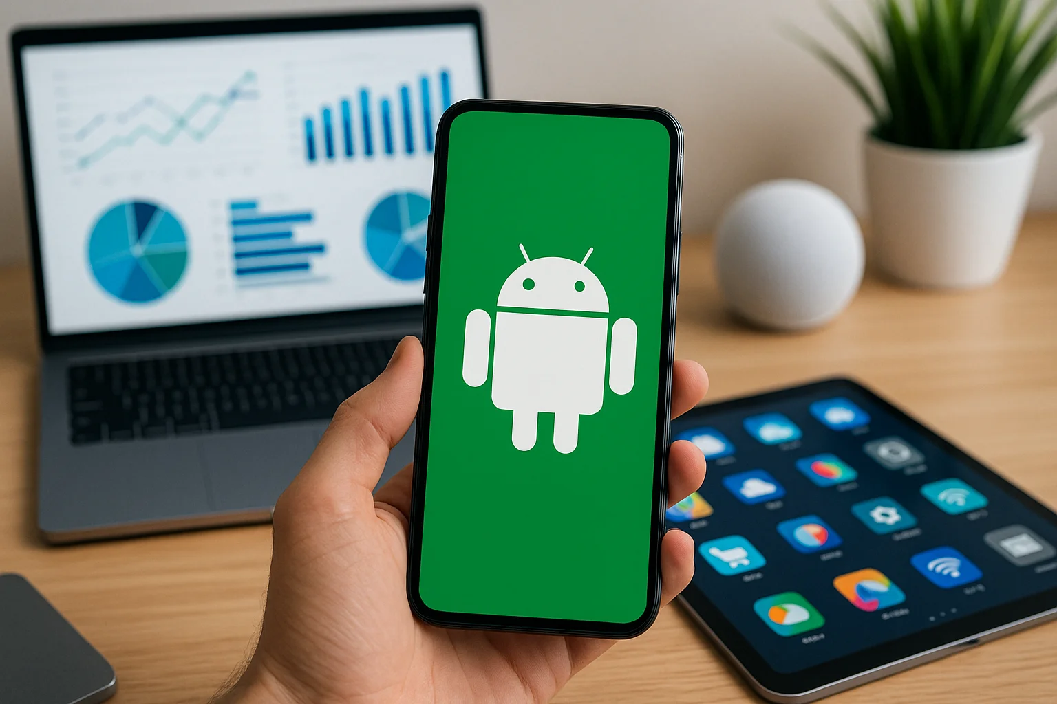 Человек держит смартфон с логотипом Android на экране, на фоне ноутбука с графиками, планшета с иконками приложений и умной колонки на рабочем столе.